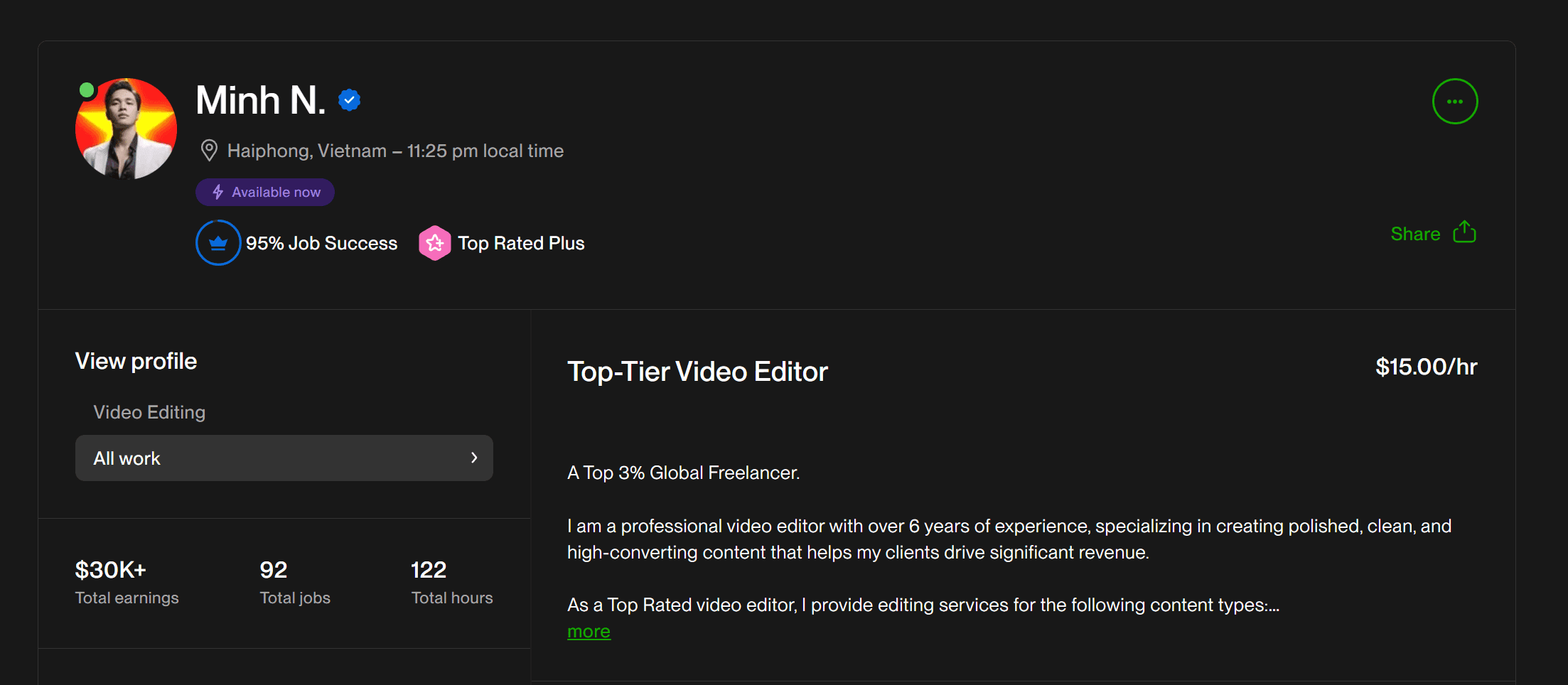 Ảnh chụp màn hình profile Upwork
