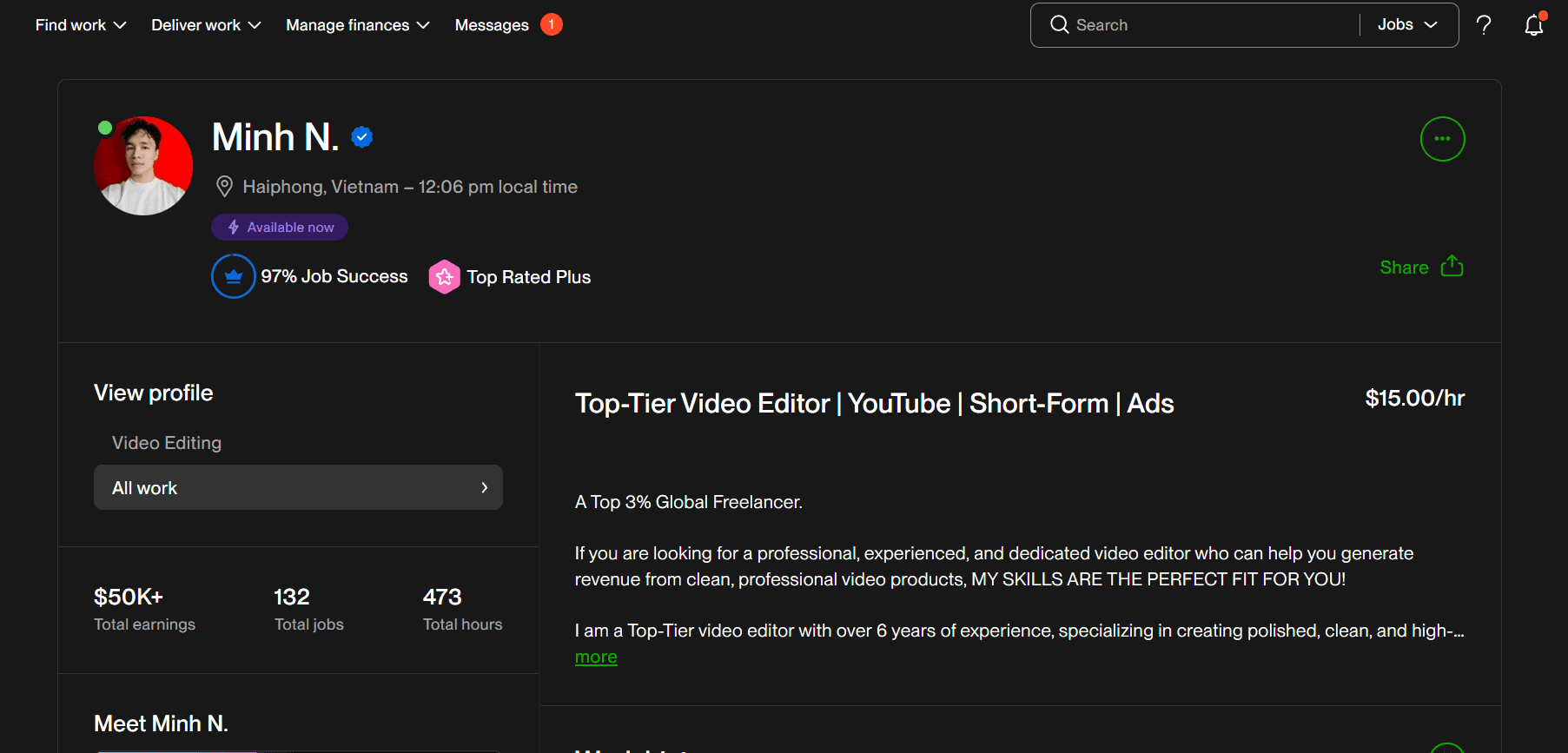 Ảnh chụp màn hình profile Upwork